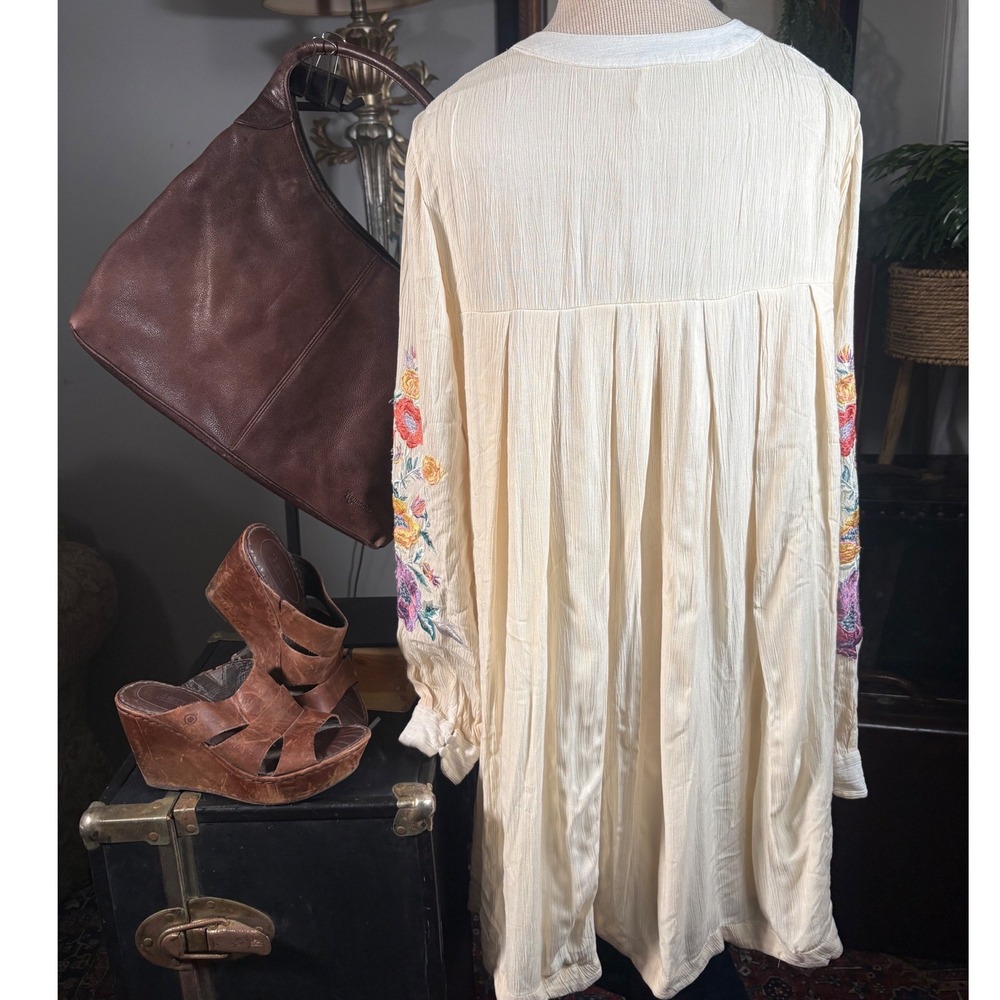 Free People Cream Embroidered Boho Tunic Dress Floral Babydoll Long Sleeve M - Picture 7 of 11